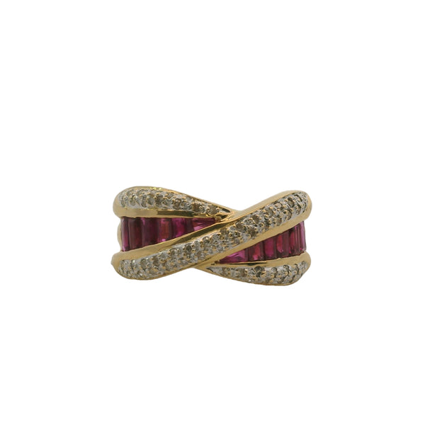 Solid 18kt Yellow Gold, Ruby, and Diamond Crossover Twist Cocktail Band Ring Size 7
