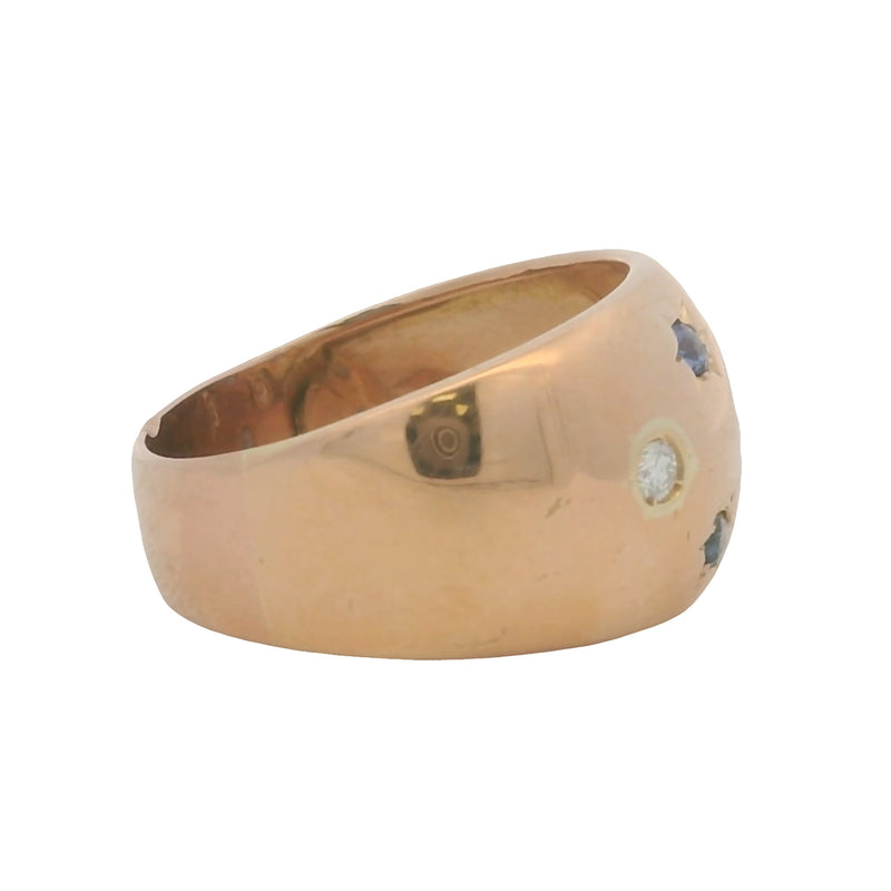 Vintage Solid 18kt Rose Gold 12mm Wide Dome Ring with Diamonds and Sapphires Size 7.5