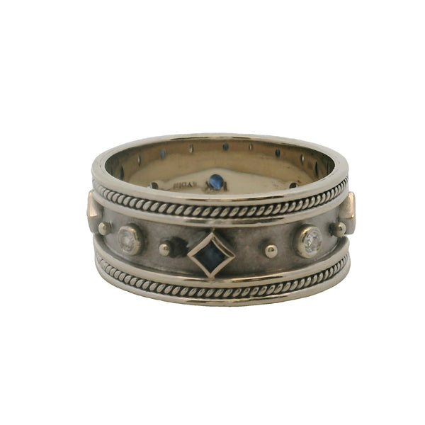 Solid 14kt White Gold Diamond and Sapphire 10mm Wide Rope Detail Band Ring Size 11