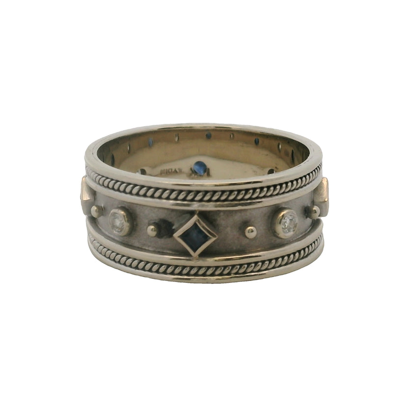 Solid 14kt White Gold Diamond and Sapphire 10mm Wide Rope Detail Band Ring Size 11