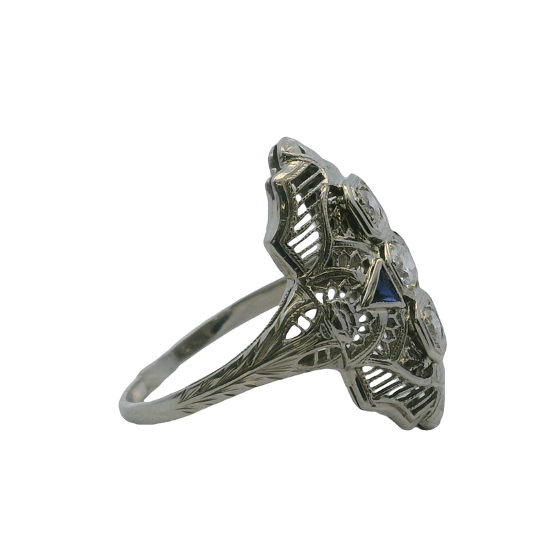Antique 1920-30s Art Deco 18kt White Gold 3 Diamond and Lab Sapphire Filigree Dinner Ring Size 7.75