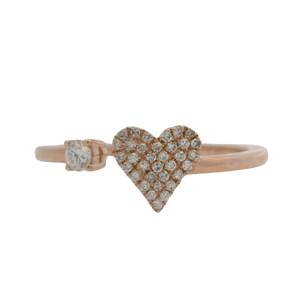 Anillo de cóctel con forma de corazón de oro rosa macizo de 14 kt y pavé de diamantes, talla 6.5