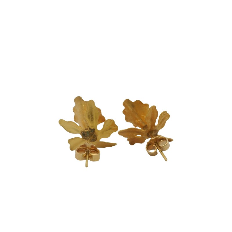 Vintage 18kt Yellow 3D Gold and Pearl Orchid Flower Stud Earrings