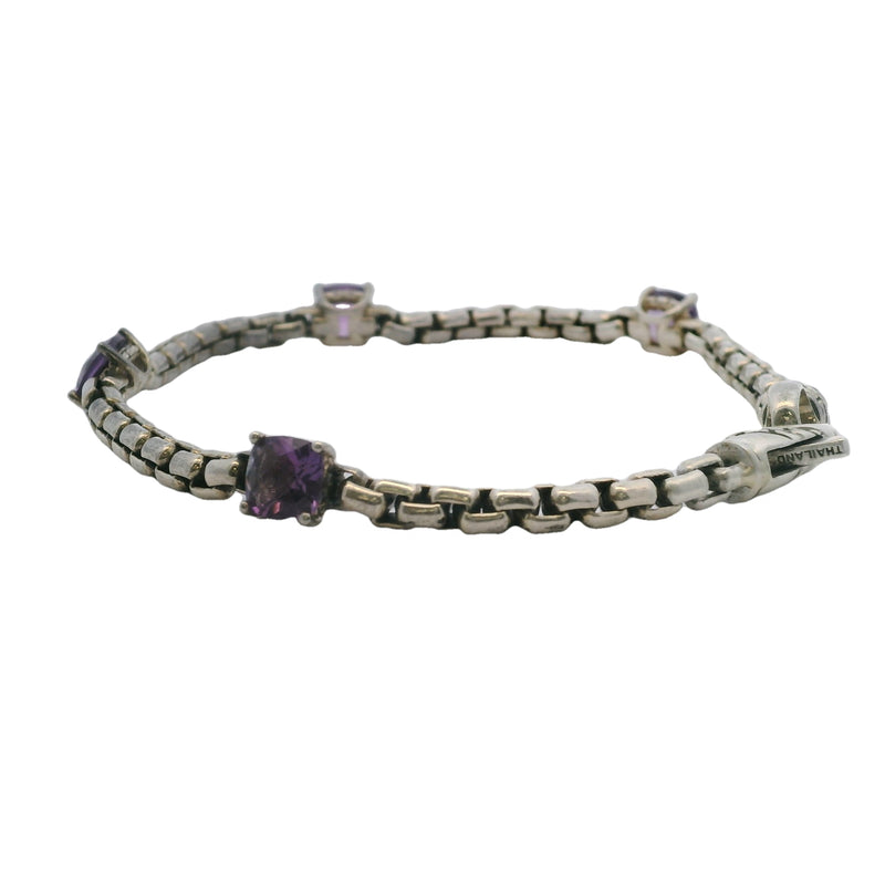 Jai 925 Sterling Silver Box Chain 8" 4 Amethyst Station Bracelet Made In Thailand