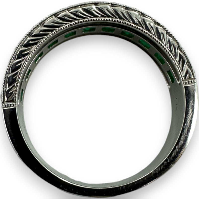 QCD Quality Color Design 14kt Solid White Gold Rhodium Plate Band with Princess Cut Emeralds and Accent Diamonds Size 7 Ring