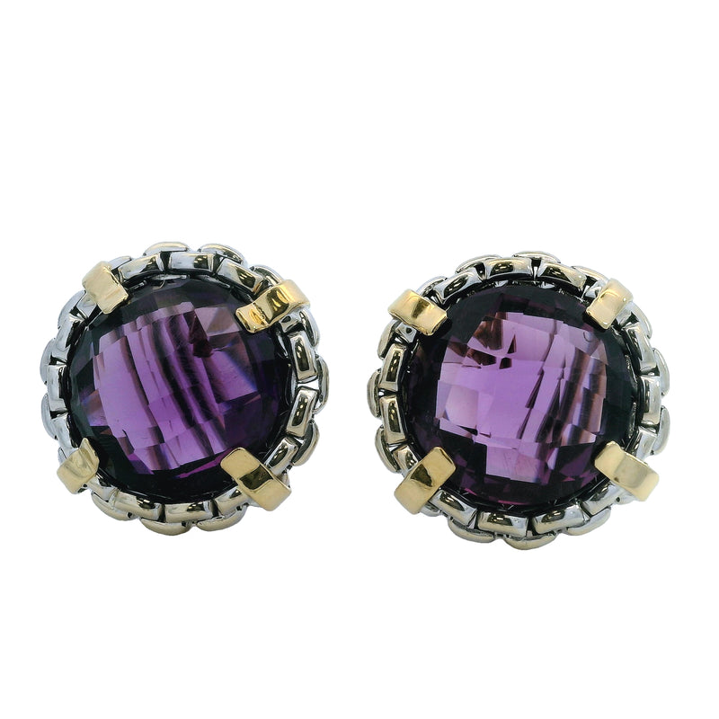Italian14kt Yellow and White Gold Chain Pattern 22mm Large Amethyst Omega-Back Earrings