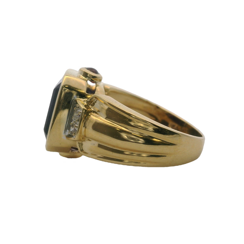 18kt Yellow Gold Bezel-Set Amethyst Cocktail Ring With Accent Rubies and Diamonds Size 5