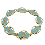 Vintage Italian Solid 18kt Yellow Gold and Colorful Enamel Flowers Link Bracelet 7.25"