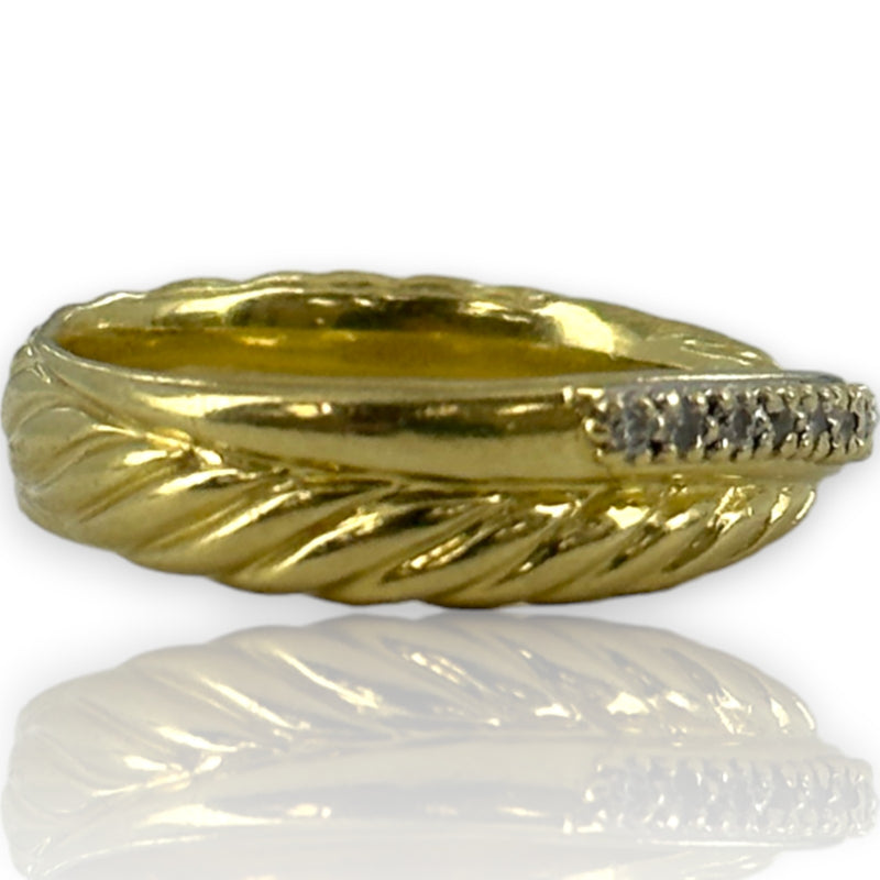 David Yurman Signed Solid Heavy 18kt Yellow Gold 750 Twist Band Crossover Ring with Diamonds Size 6.75