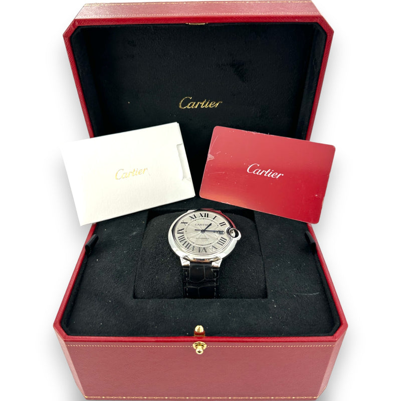 Cartier 3765 Ballon Bleu Date 42mm WSBB0049 Steel Leather Watch B&P