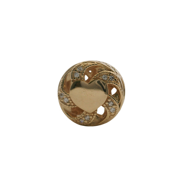 Charm deslizante con espaciador y corazones de cinta Pandora en oro amarillo sólido de 14 kt 585 y circonitas cúbicas