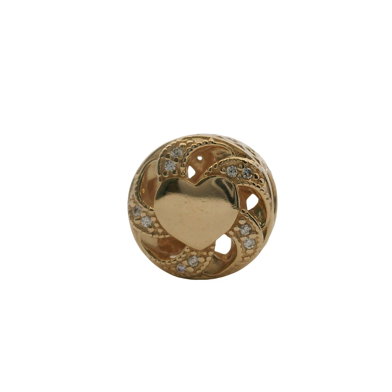 Charm deslizante con espaciador y corazones de cinta Pandora en oro amarillo sólido de 14 kt 585 y circonitas cúbicas