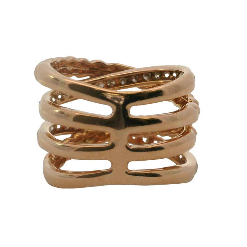 Solid 18kt Rose Gold Stacked Rope Crossover 16mm Ring with 0.84ctw of Diamonds Size 7