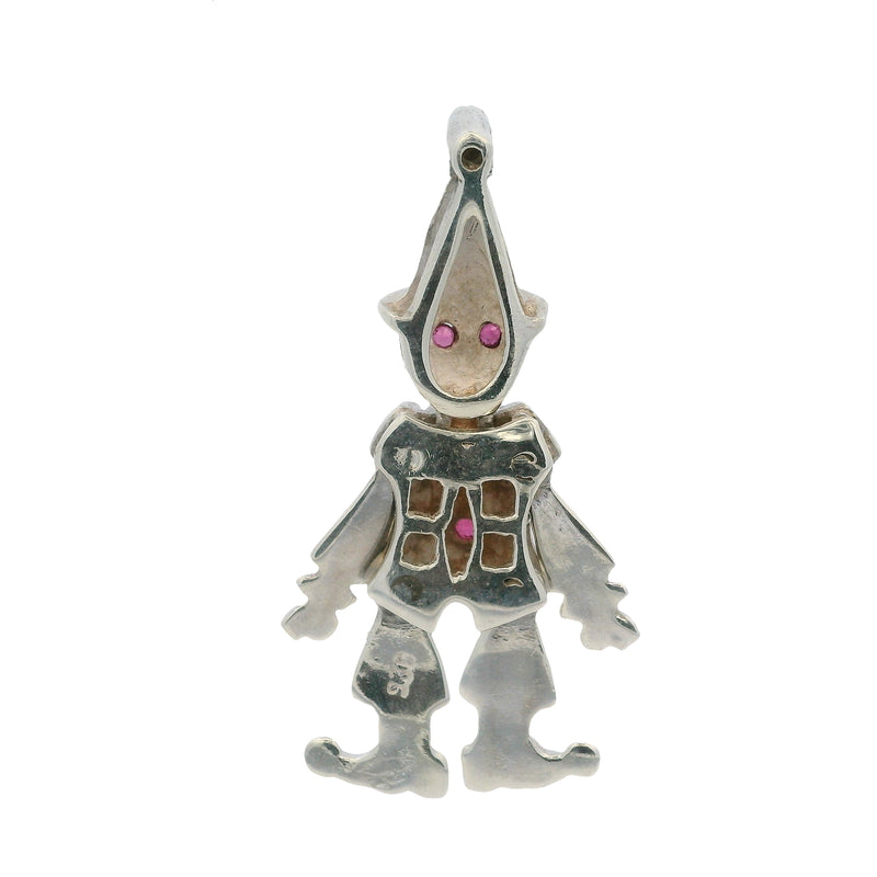 Vintage Solid 925 Sterling Silver and Lab Ruby Dancing Clown Articulated Pendant