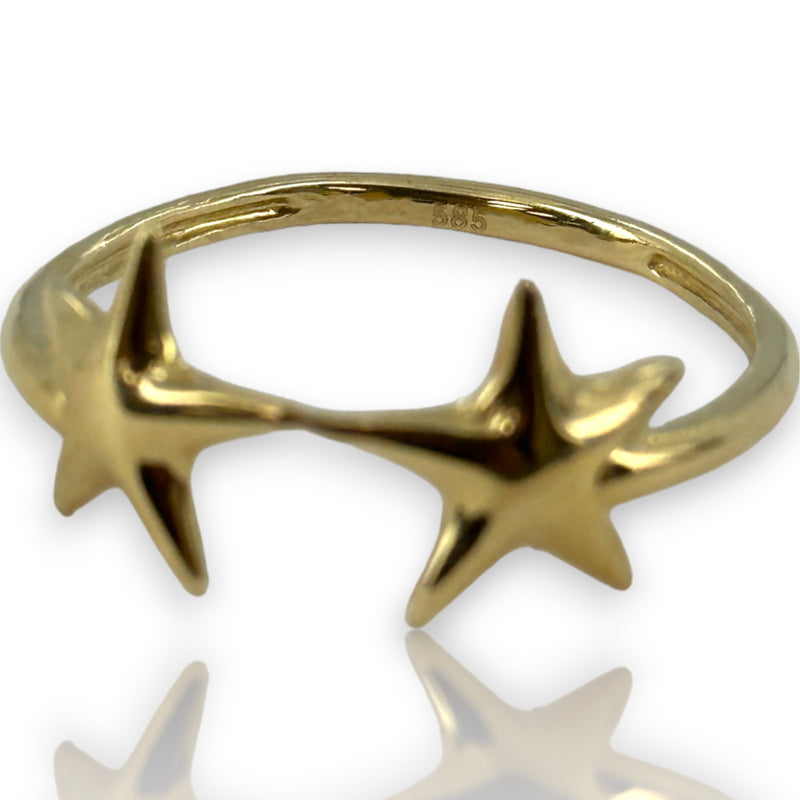 14kt Yellow Gold Double Star Ring with Thin Band Size 10.75