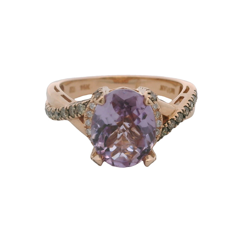 Le Vian 14kt Rose Gold Twist Band Checkerboard Amethyst Solitaire Ring with Diamonds Size 7