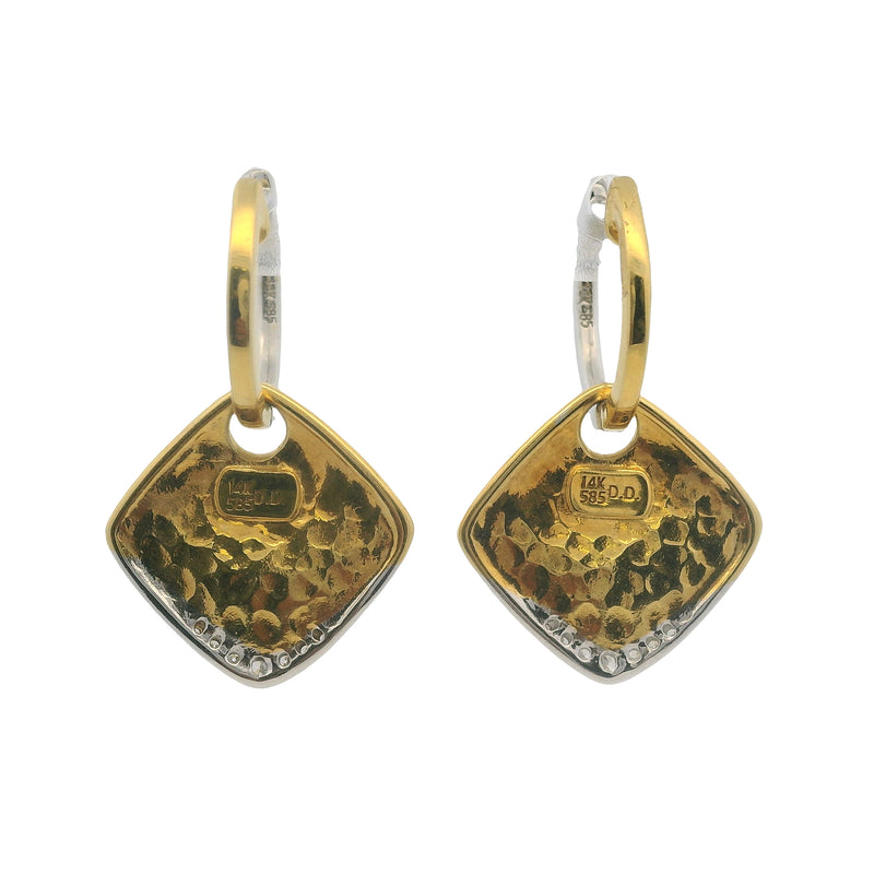 Solid 14kt White and Yellow Gold Reversible Hammered Square Diamond Dangle Snap Earrings