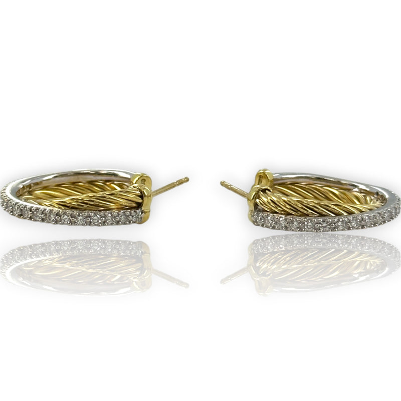 David Yurman Solid 18kt Yellow Gold Crossover 23mm Hoop Cable Earrings with 0.34ctw of Diamonds in Original Pouch