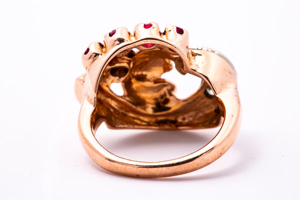 1930-50s Retro Diamond Accent Flower Band 14K 585 Rose & White Gold Ring Sz 4