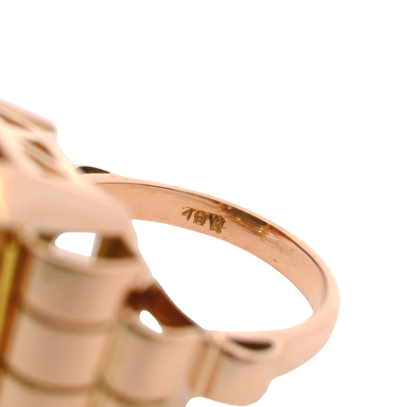 Vintage 1930s-50s Retro Era 18kt Rose Gold Emerald Cut Citrine Cocktail Statement Ring Size 7.75