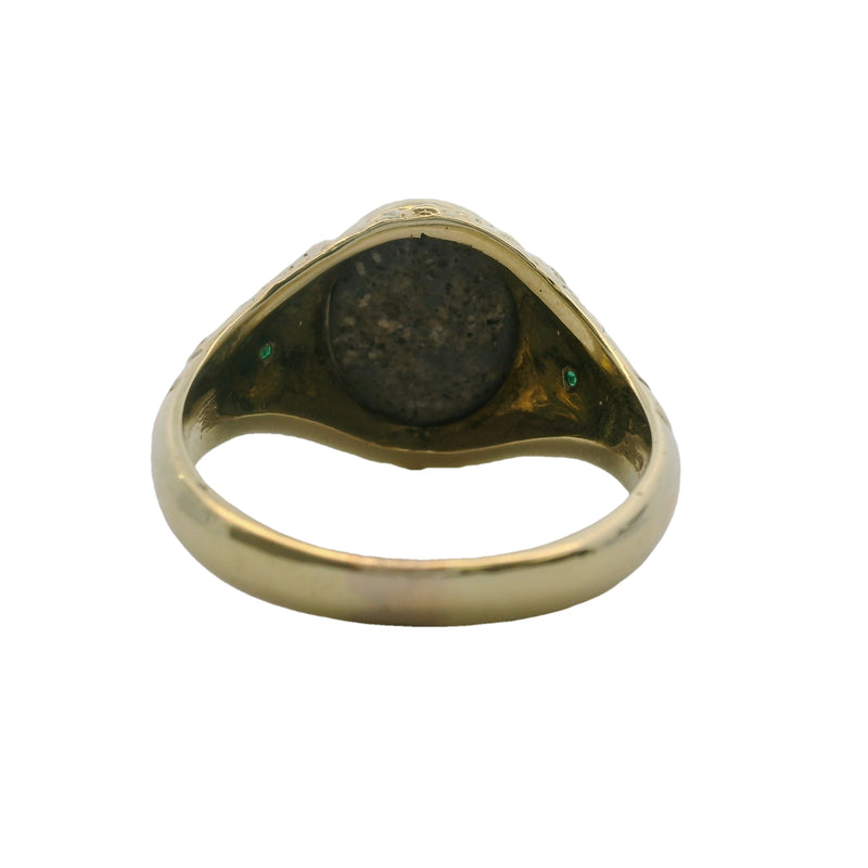 Vintage 1970s Victorian Revival 14kt Yellow Gold and Black Opal Gemstone Signet Ring with Emerald Sides Size 10
