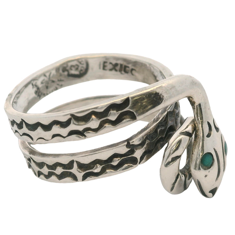 Mexican 925 Sterling Silver Coiled Snake with Turquoise Eyes Spiral Wrap Ring Size 9