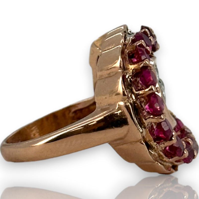 Vintage Retro 1930s-50s Solid 14kt Rose Gold Old European Cut Antique Diamond and Ruby Cocktail Statement Ring Size 4.75 Resizeable