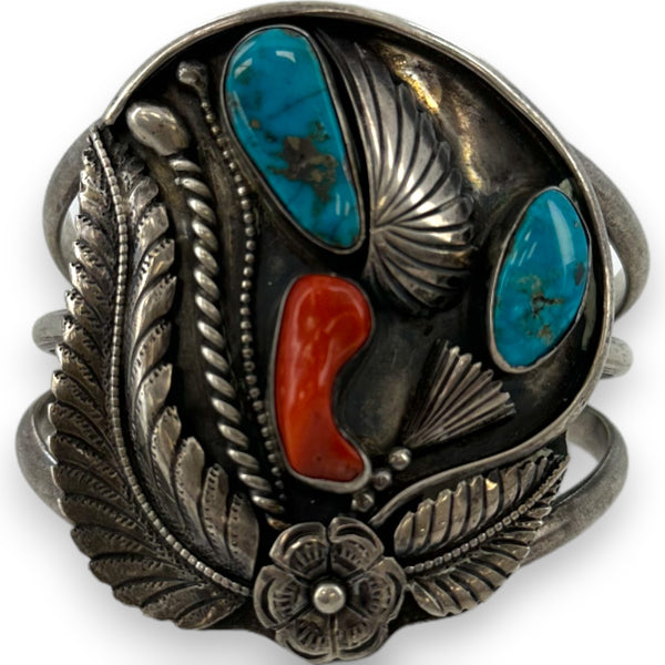Kelvis Josh Navajo Native American 925 Sterling Silver Large Cuff Bracelet with Natural Pyrite-Included Turquoise and Coral