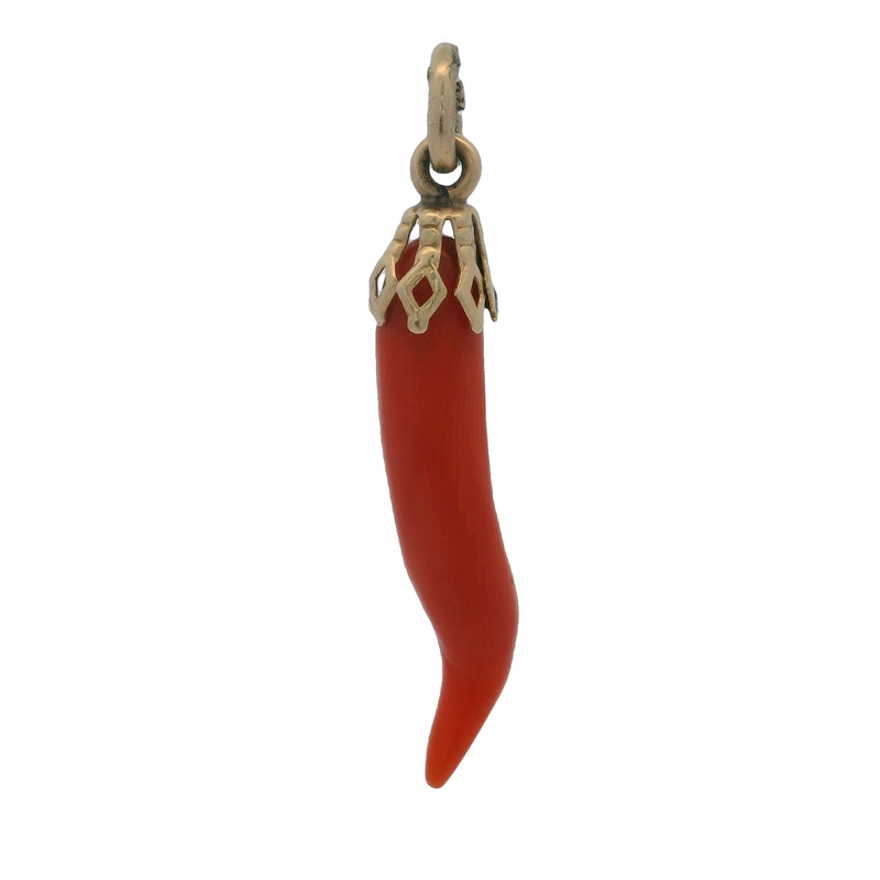 Vintage 14kt Yellow Gold and Orange Coral Italian Horn 1.3" Charm Necklace Pendant
