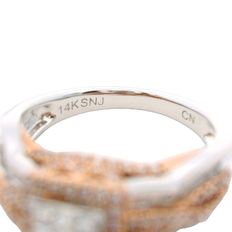 Solid 14kt White and Rose Gold Princess Cut Diamond Cluster Ring with Halo and Accent Band Size 7