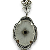 Antique 1920s Art Deco 14kt White Gold Rhodium Plated Filigree Carved Rock Crystal Dangle Pendant Charm with Small Diamond Center