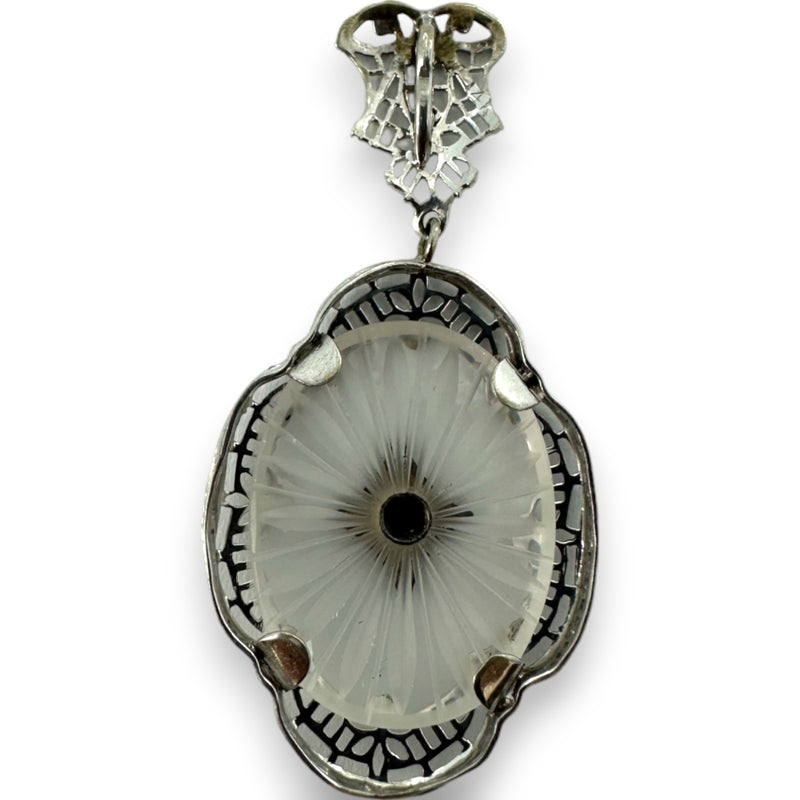 Antique 1920s Art Deco 14kt White Gold Rhodium Plated Filigree Carved Rock Crystal Dangle Pendant Charm with Small Diamond Center