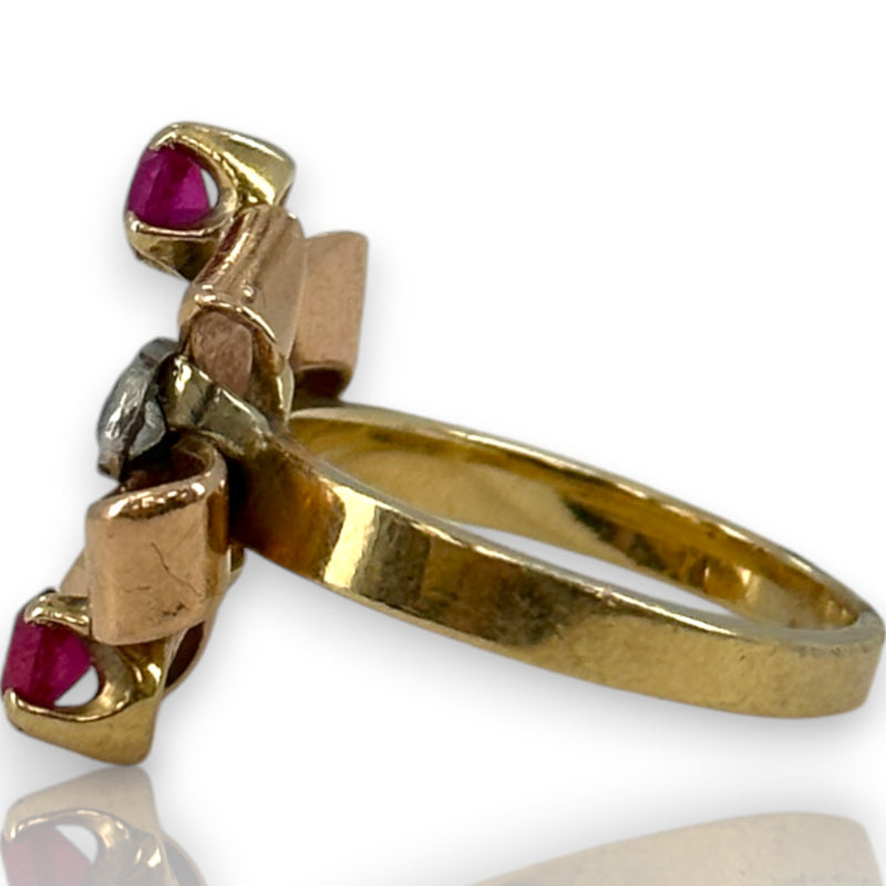 Retro 1930-40s Gochman & Held Solid 14kt Rose, Yellow, and White Gold Cocktail Ring with Old Mine Cut Diamonds and Lab Rubies Size 6