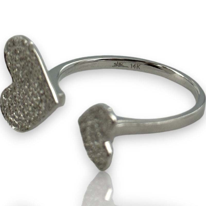 Micro Pave Natural Diamond Double Hearts Wrap Ring Size 6.5 14kt Solid White Gold