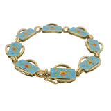 Vintage Italian Solid 18kt Yellow Gold and Colorful Enamel Flowers Link Bracelet 7.25"