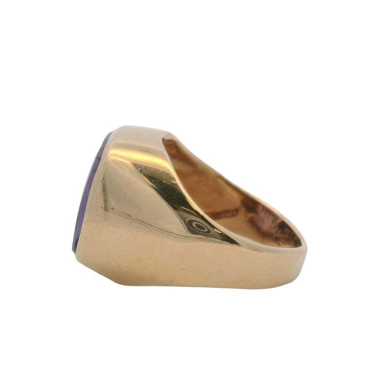 Vintage 1970-80s 14kt Yellow Gold Amethyst and Gold Enamel Bull Taurus Signet Ring Size 3.5