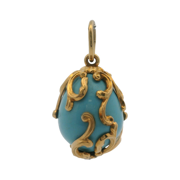 Vintage Solid 14kt Yellow Gold and Turquoise Decorated Scroll Egg Necklace Pendant