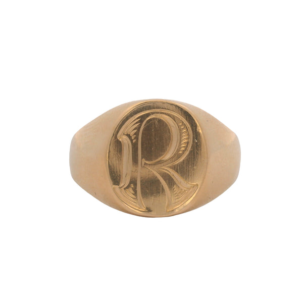 Vintage Solid 18kt Rose Gold Simple Oval "R" Block Lettering Signet Ring Size 7