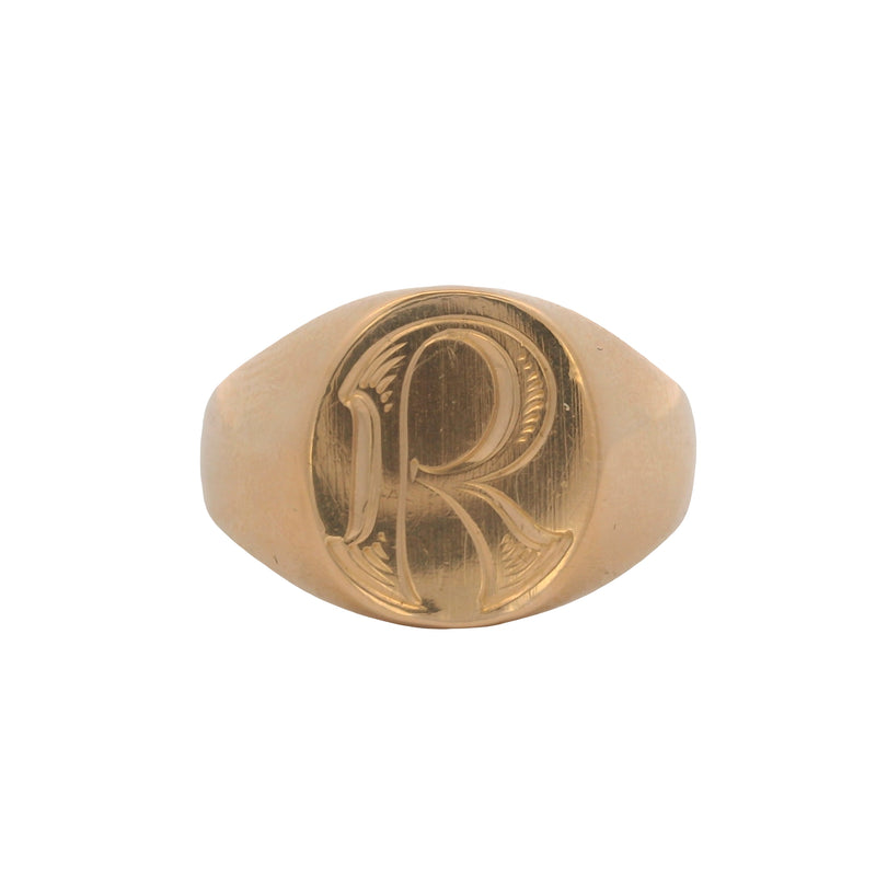 Vintage Solid 18kt Rose Gold Simple Oval "R" Block Lettering Signet Ring Size 7