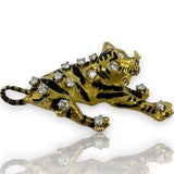 Vintage 1970-80s Solid 18kt Yellow Gold and White Diamond 28.8g Unique Tiger Brooch with Black Enamel Stripes