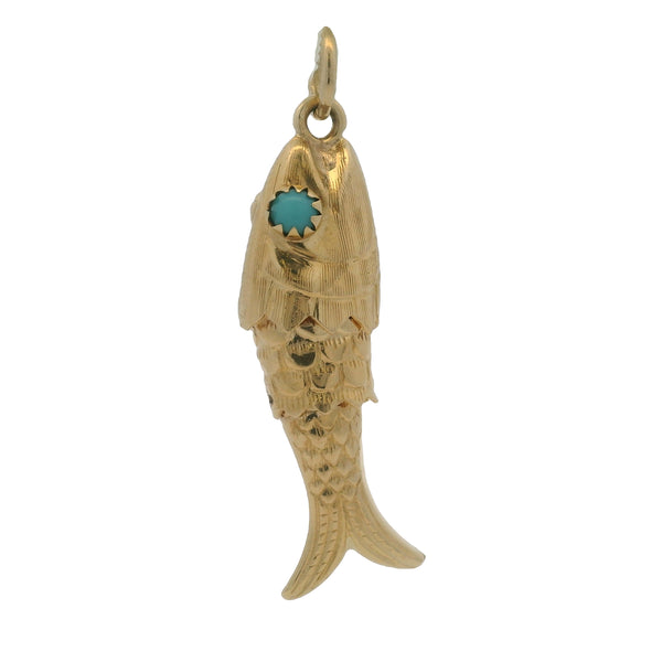 Vintage Italian Solid 18kt Yellow Gold Articulated 1.5" Fish Pendant with Turquoise Eyes