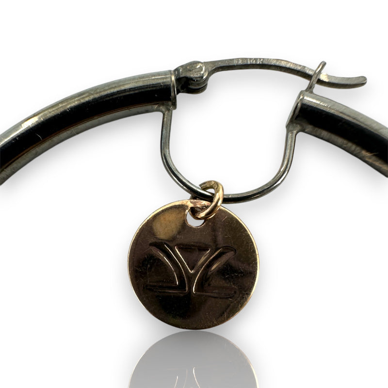 LeVian 14kt Black Gold 2-Inch Diameter Snap Closure Hoop Earrings with Rose Gold Logo Dangle Accent