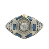 Antique Early 1920s Solid 14kt White Gold Old Euro Diamond and Sapphire Filigree Deco Ring Size 6