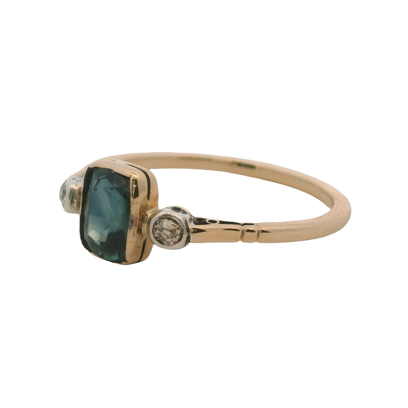 Vintage Handmade 14kt Yellow Gold Sapphire Solitaire Ring With 2 Side Diamonds Size 7.75