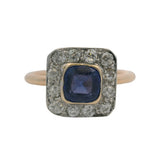 Antique 1890-1910s 14kt Yellow Gold Sapphire and Old Euro Diamond Halo Ring Size 5.5