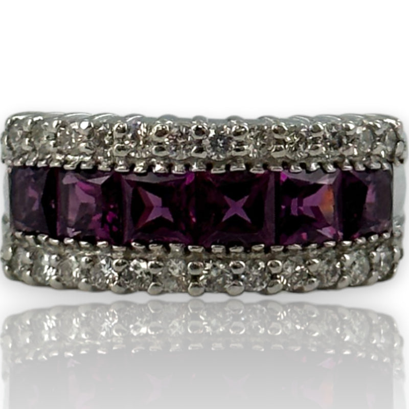 EFFY 14kt White Gold 9.6mm Wide Amethyst and Diamond Band Size 9 Ring