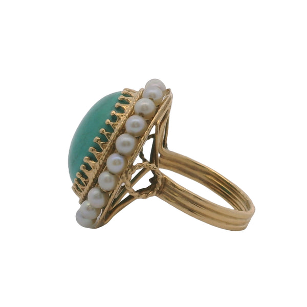 Vintage Handmade 14kt Yellow Gold Turquoise Cabochon and Pearl Cocktail Ring Size 6