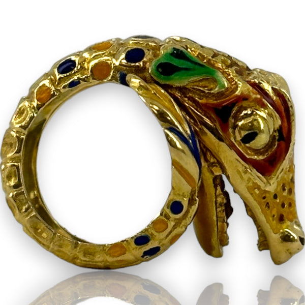 Vintage 1970s-80s 18kt Yellow Gold and Painted Enamel Lizard/Snake/Dragon Wrap Statement Ring Size 4 Made in Italy
