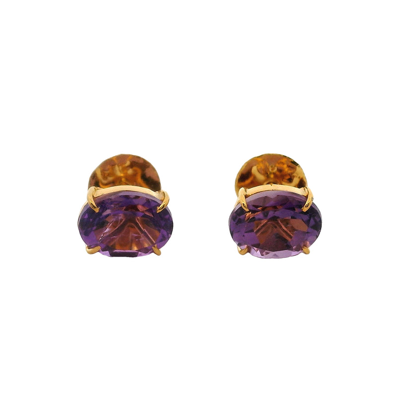 Solid 18kt Yellow Gold Amethyst Oval 8x6mm Stud Pierced Screw-Back Earrings