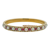 Antique Victorian Solid 18kt Yellow Gold Hinged 6.5" Bangle with Pearls, Rubies, and Diamonds